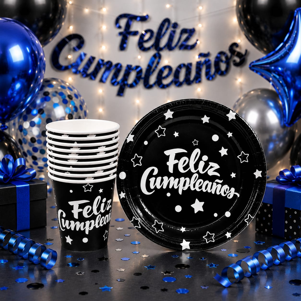 Set 10 Platos Torta + 10 Vasos Color Negro Feliz Cumpleaños